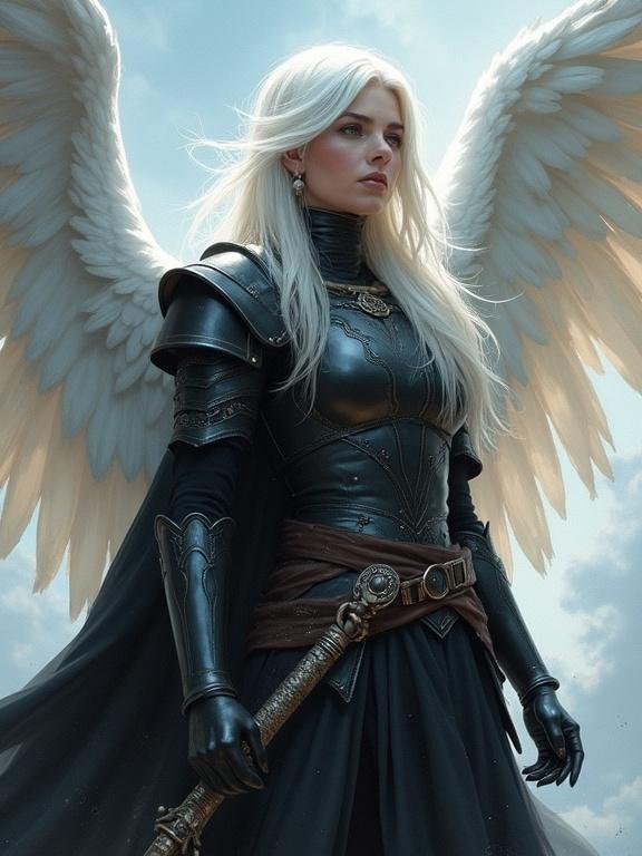 A female DnD character with white hair and angelic wings wears black armor. She holds a staff and has a commanding presence. The artwork is styled like a watercolor painting.