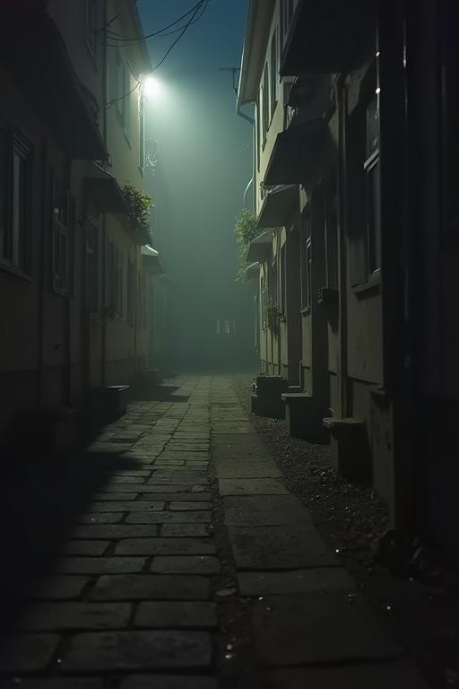 Image of a foggy alley at night. Shadows loom over stone pavement with walls of houses on both sides. A solitary light bulb casts an eerie glow. Overall atmosphere feels tense and mysterious.