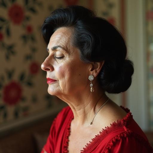Portrait of a housewife in her fifties with a classic 1950s hairstyle. Subject has a shy expression with closed eyes and mouth. Elegant diamond earrings and big red lips are featured. Floral wallpaper decorates the background. The image captures the essence of vintage beauty.