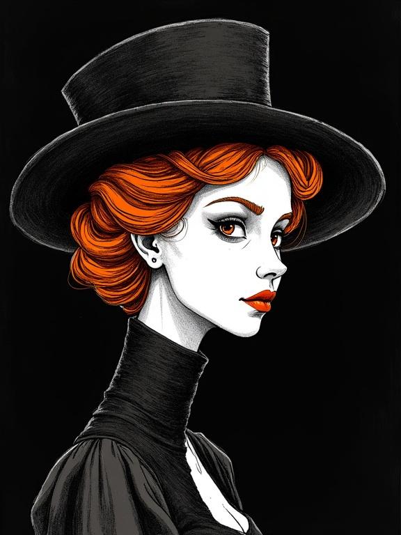 Monochrome ink illustration features a ginger queen with an elegant hat. She has flared nostrils and a soft gaze. The portrait shows a quarter-turn profile with a sly expression. Deep shadows and bold lines create a dramatic effect against a black background.