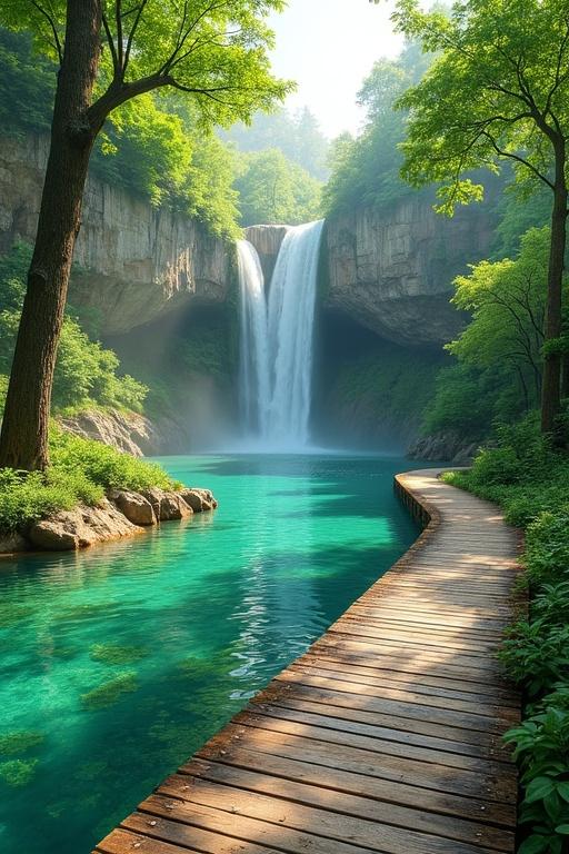 Serene landscape with tranquil lake within lush greenery. Cascading waterfall plunges into crystal-clear water, creating mist. Wooden boardwalk path winds through vibrant vegetation. Rich green hues accented by azure blue lake and beige-tan rock formations. Soft, diffused light creates inviting atmosphere. Composition is panoramic showcasing depth of natural environment. Perspective is a wide, eye-level view capturing the scene's grandeur. Water texture reflects vibrant greenery and light of the sky. Trees exhibit varied textures from smooth leaves to rough bark. Atmosphere is peaceful and tranquil with natural beauty. Realistic style capturing detailed environment.