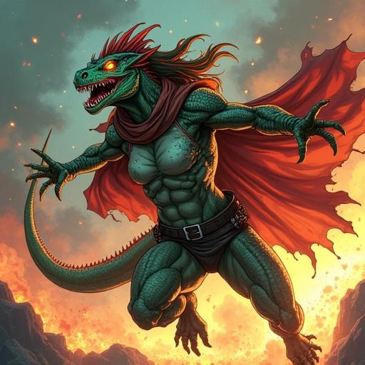 Shonen battle anime style with dynamic cel-shading. Female lizardfolk anti-heroine with exaggerated muscular build. Dark green scales with crimson highlights. Sparkling amber eyes and glowing energy aura. Tattered cloak in action pose. Scavenged armor showing battle damage. Background features an exploding battlefield. Speed lines enhance the movement. Sharp teeth and intense facial expression. Vivid colors and Ufotable-style particle effects.