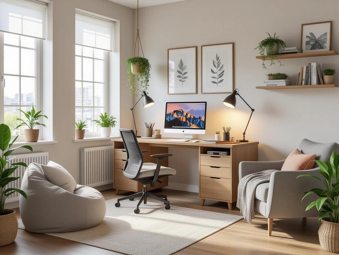 Cozy work-from-home setup in a modern room. Features a wooden desk with a computer. Includes an ergonomic chair and soft sofa. A bean bag and indoor plants visible. Ambient daylight from a window. Clean and organized layout with bookshelves.