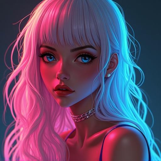 Anime style character with futuristic cybernetic elements. Woman has long wavy hair. Expression blends innocence with seduction. Pale skin displays natural blush. Height estimated at 150 cm, reflecting a clear Latino complexion. Colors are vibrant and energetic.