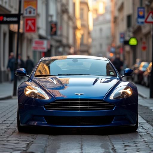 Image of a shiny blue European car in the middle of a street at sunset. The car is prominently featured with a clear focus. Buildings and people are subtly in the background, enhancing the urban setting.