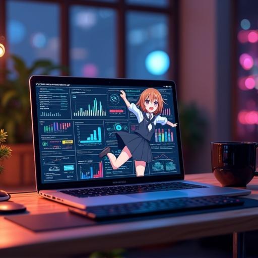 A laptop screen shows digital data dashboards. A stylized anime girl in a school uniform is on the screen. She has light brown hair and smiles. The laptop rests on a wooden table with a black keyboard and mouse. A black coffee mug is to the right. The scene is set in a cozy room with ambient lighting and plants.