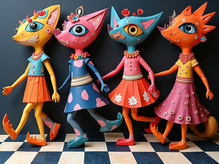 A group of abstract creatures made from paper and origami material. They dance in a conga line. Each creature wears colorful, folk art attire. The scene features vibrant flowers and eye motifs. The background is a checkerboard floor with abstract shapes. The artwork incorporates 3D textures and shows a dreamy, surreal atmosphere.