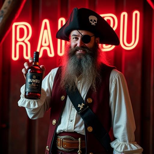 Pirate with a black eye-patch and skull hat stands in a ship's cellar holding a bottle of rum labeled BUMBU. A glowing neon sign reads Rainic Store in red against a black background. Pirate wears a white shirt and maroon leather vest. He smiles showing a golden tooth. The bottle features an X symbol made of bones.