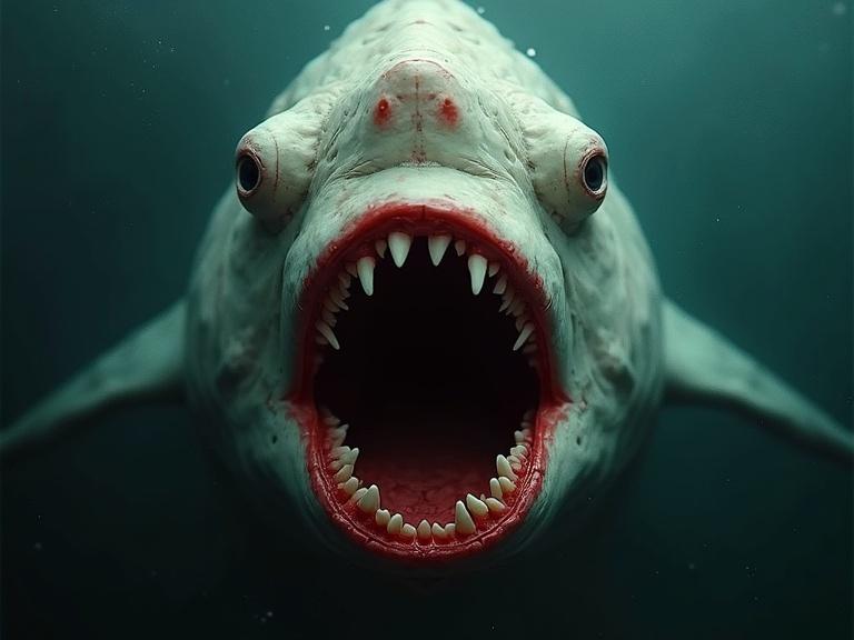 A close-up view of an ominous fish with an open mouth full of sharp teeth against a dark, underwater background. The fish has a porcelain-like texture with blood red accents. The lighting is dramatic, creating a chilling atmosphere, evoking horror themes.