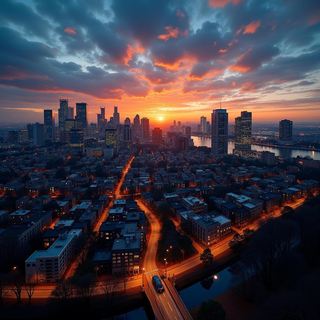 Modern city skyline illuminated at sunset. Vibrant oranges and blues fill the sky. Light rays from the setting sun. Panoramic city view transitioning to evening. Skyline reflects on river. Bright lights illuminate night. Small bridge over river. Mix of architectural styles visible. Modern and classic buildings in view. Aerial perspective showcases city bustle.