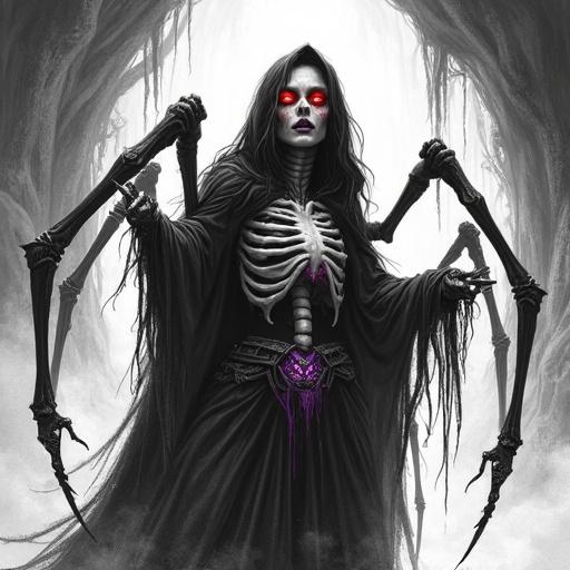 Full-length body portrait of a sinister spider-like sorceress. She has a skeletal elegance and wears tattered robes. Her face mixes beauty and decay with hollowed cheekbones. Eight clawed limbs extend from her back. The sketch is black and white except her red eyes and violet runes on her skin. Background shows a dark cavern with silk threads and trapped victims.