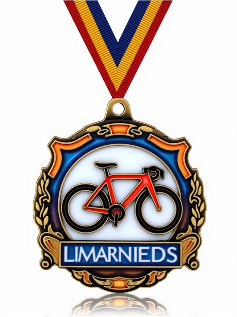 Image of an award medal designed for cycling events. Features a stylized bicycle in the center. Emblem has vibrant blue, orange, and red colors. Medal includes a colorful ribbon. Reflects cycling spirit and sportsmanship. Suitable for awards and commemorative purposes.