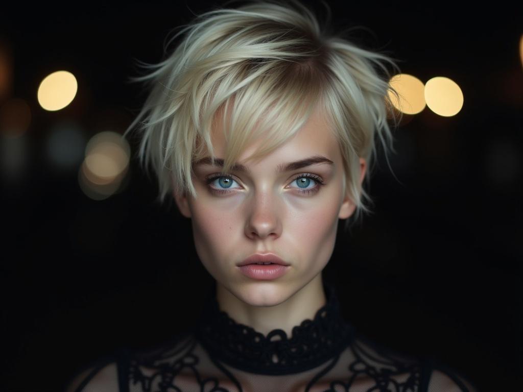 The image features a young woman with short, platinum blonde hair styled in a messy, layered cut. She has striking blue eyes and a fair skin tone, complemented by subtle makeup that highlights her features. The composition is focused on her face, creating an intimate and intense portrait. The lighting is low, with a dramatic contrast between her illuminated face and the dark background, drawing attention to her expression and the details in her clothing, which appears to have intricate, dark patterns. There are blurred lights in the background that add depth to the scene.