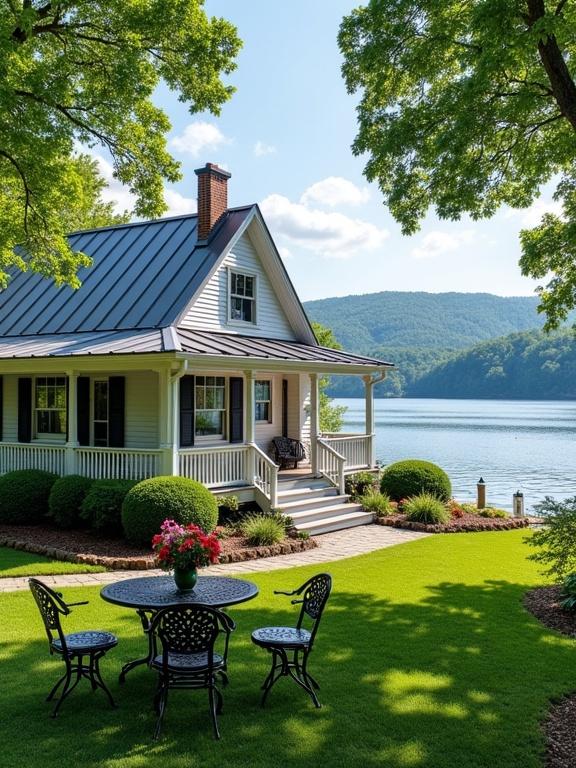 A lakeside cottage featuring a steeply pitched roof and white exterior. A well-maintained garden surrounds the cottage. A set of black metal furniture is in the foreground. The scene includes a serene lake, green trees, and rolling hills under a blue sky.