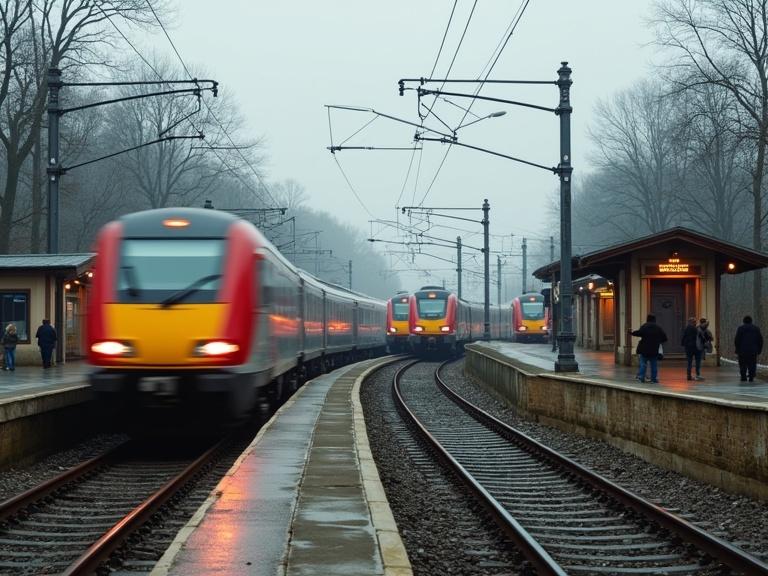 Image of trains passing through train stations in a foggy setting. Trains are partially blurred, suggesting motion. Several train stations line the tracks along the way.