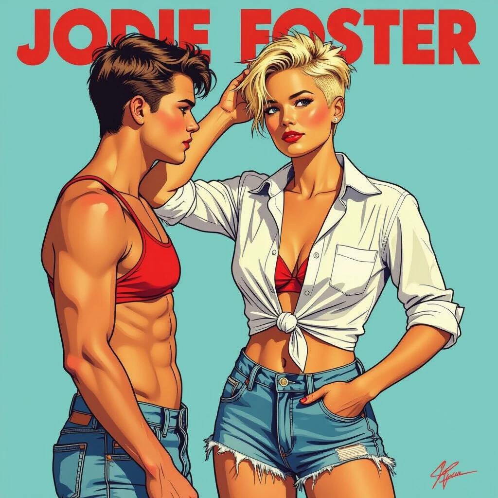 Portrait of actress Jodie Foster at 20. Standing face-to-face with a man wearing a red swimsuit. She wears a knotted white shirt with rolled sleeves and ripped denim shorts. One hand on her hip with the other stroking her short, blonde hair. She gazes at him confidently. The image has bold comic-style lines.