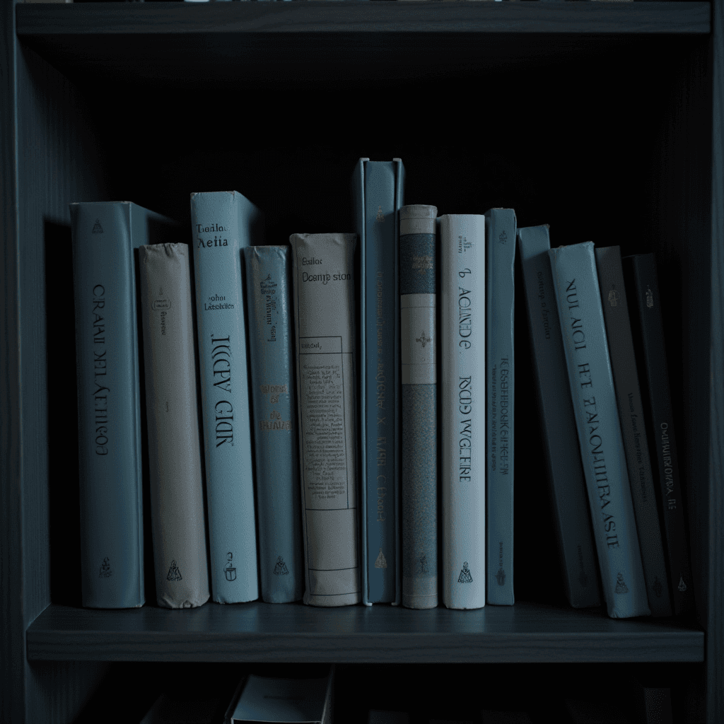 A collection of vintage books with decorative covers displayed on a dimly lit shelf.