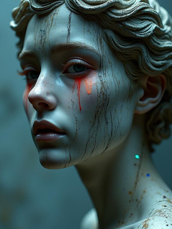 Erotic statue with intimate collage elements. Includes scratches, drops, and tears. Digital art in a close up view focusing on silver bioluminescent features.