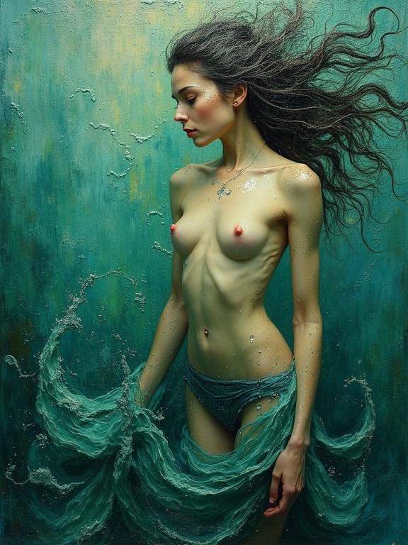 A dreamlike scene featuring a nude woman in deep green and blue tones. The woman is surrounded by swirling water with textured brush strokes. The image has a mystical and whimsical feel resembling an oil painting with unique lighting.