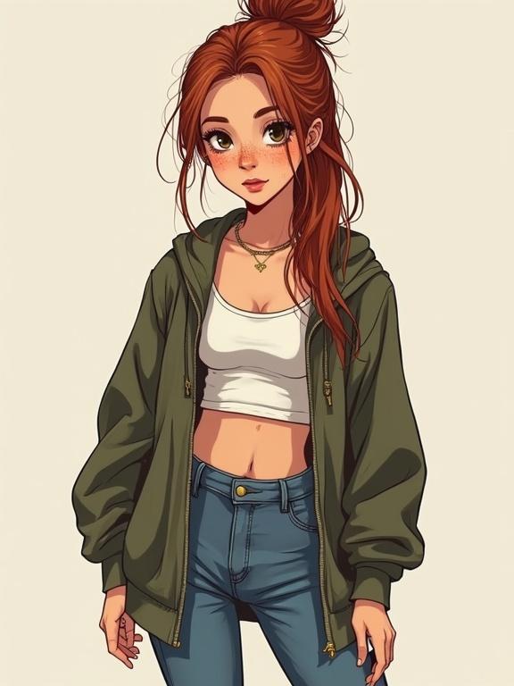 Full body portrait of a teenage girl with auburn hair in a messy bun wearing oversized clothes. She has freckles and dark eyes, standing in a trendy background.