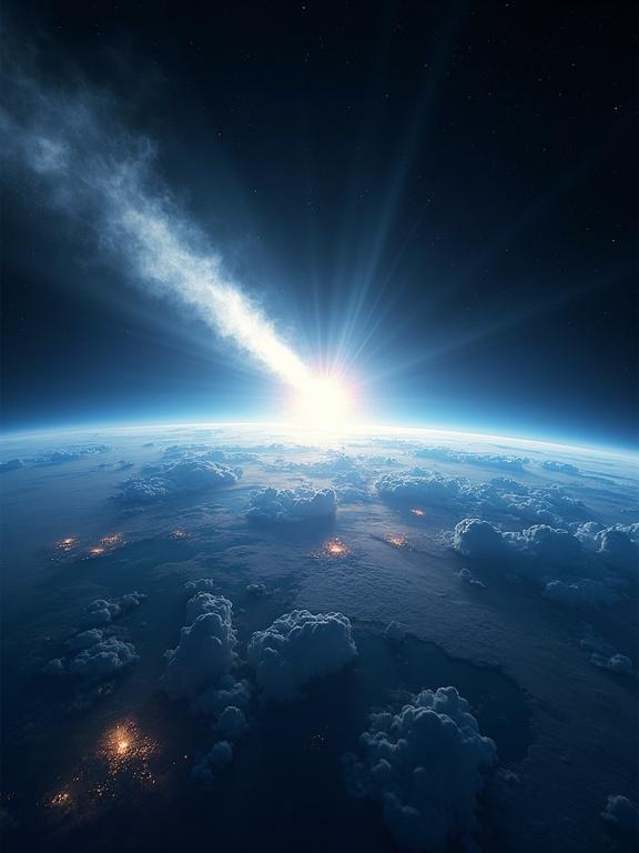Cinematic image above Earth showing detailed clouds and glowing atmosphere. The Earth has storm systems and city lights beneath translucent clouds. A bright comet with a long tail hurtles toward the planet, causing a shockwave. Stars are visible above the horizon.