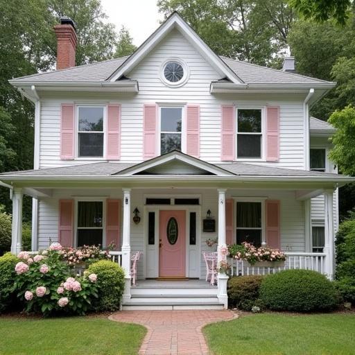 Beautiful white Queen Anne house features light pink shutters and flowers. Light pink door with an oval window. Pink rose bushes and hydrangeas are present. Cherub fountain and wrap-around porch with a pink swing appear.