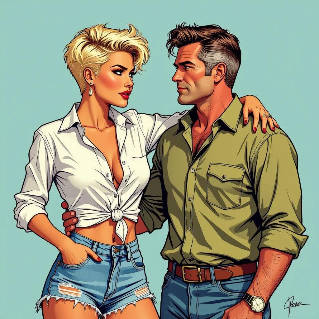 Comic strip style artwork with strong contour lines. Confident young woman with platinum blonde punk hairstyle stands in front of a man. Woman wears a white shirt knotted at the waist with rolled-up sleeves. She has ripped denim shorts. The man beside her wears a green shirt. Background features a vintage off-road motorcycle.