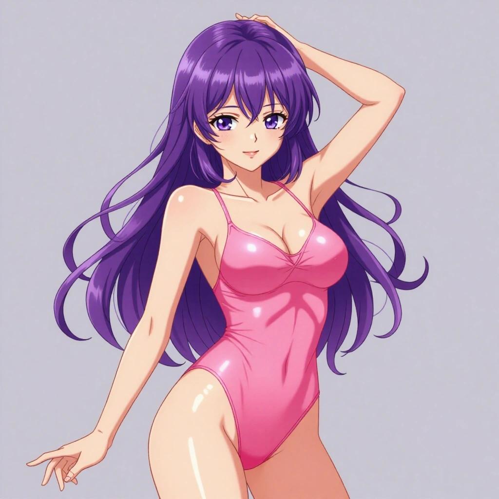 Detailed anime art of a woman in a pink leotard posing gracefully with long purple hair