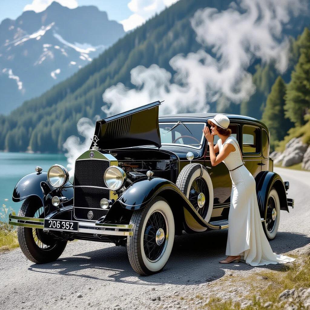A 1928 Mercedes-Benz 18/100 PS Sportwagen stalled on a mountain road. The car is on a gravel shoulder with the driver door wide open. An Art Deco socialite in a white dress and cloche hat leans over the open engine bay. The hood is fully open with side panels propped on rods. The engine is cloaked in dense steam clouds from multiple sources: violent geyser from the radiator and hissing plumes from hose connections. The scene features mud-splattered stockings and an unused toolbox on gravel. Tire tracks are visible. The atmosphere captures the golden hour mist. Shot on a Contax I camera.