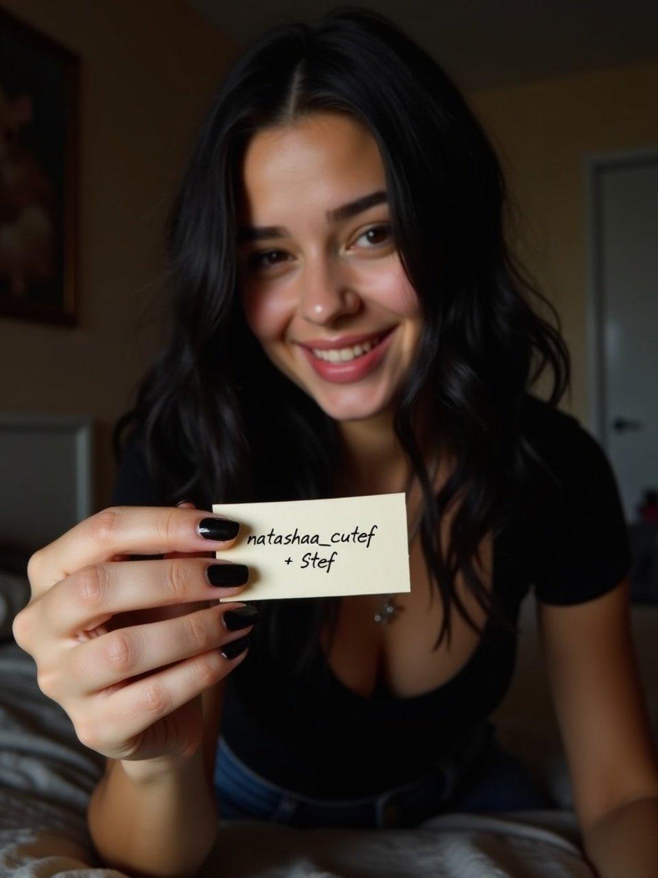 Young woman with black hair smiles playfully in dimly lit bedroom. She wears black t-shirt and holds a note with 'natashaa_cutef + Stef' written on it. Her nails are polished black. Soft light creates warm atmosphere.