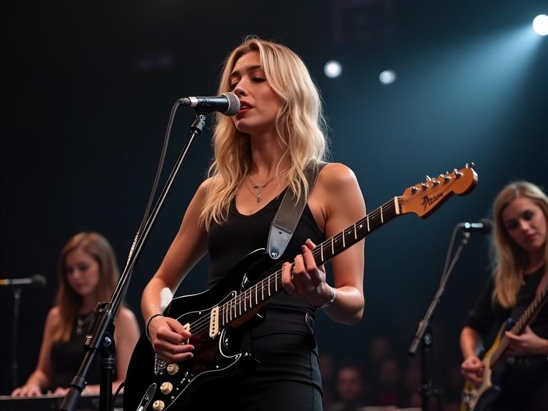 Detailed image of live music performance on stage. Blonde woman singing with microphone and playing black Fender Stratocaster. Her facial expression is energetic. Fashionable stage clothing. Background features two women on synthesizers. Dramatic stage lighting and blurred audience.