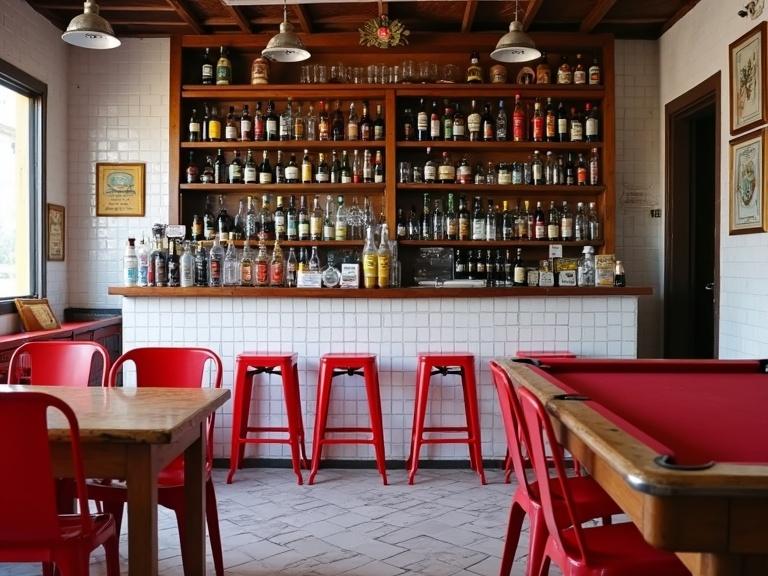 Photograph of a Brazilian bar featuring white and red tiled floor. Counter displays a full shelf of various drinks. An old pool table is visible nearby with red plastic chairs around a wooden table with canned goods. The photo is taken from the front, emphasizing the bar area.