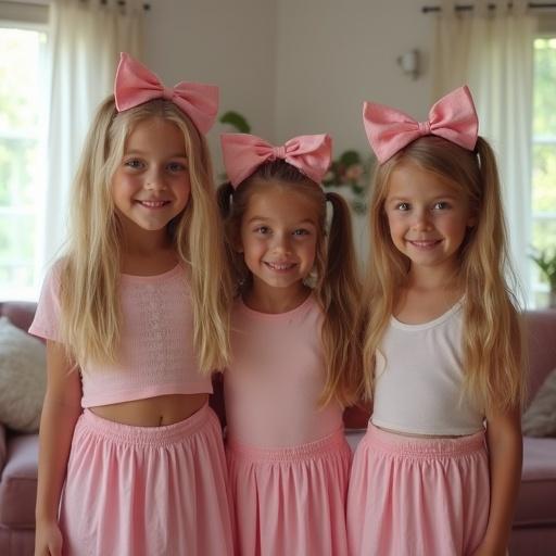 Three girls standing in living room. They wear pink skirts and tops. Each has long blond hair and large pink bows. They smile happily. The setting is bright and inviting.