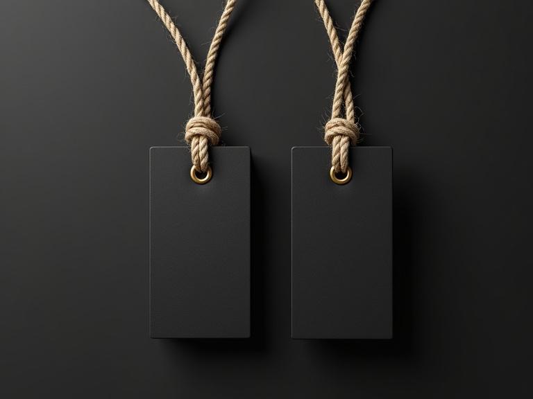 Two black rectangular tags on a dark background. Tags have golden eyelets and beige rope loops. Image shows a minimalistic and elegant style. Captured from a top-down view. Soft lighting enhances the realistic texture. High detail with a symmetrical composition. Looks like professional product photography.