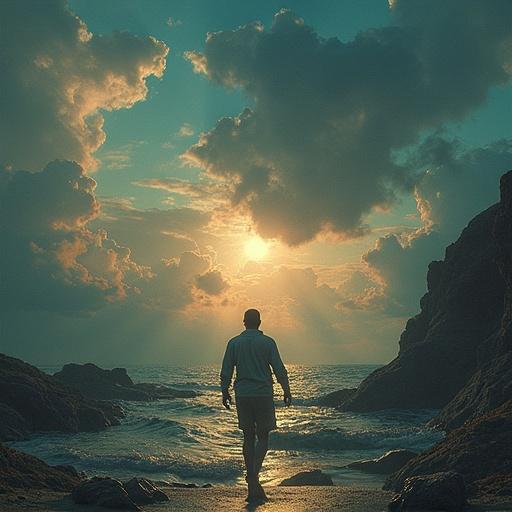 A dreamy landscape in the style of Wojtek Siudmak. A person walks towards a sunset on a beach. The sky is filled with clouds and warm light. Waves gently lap at the shore.