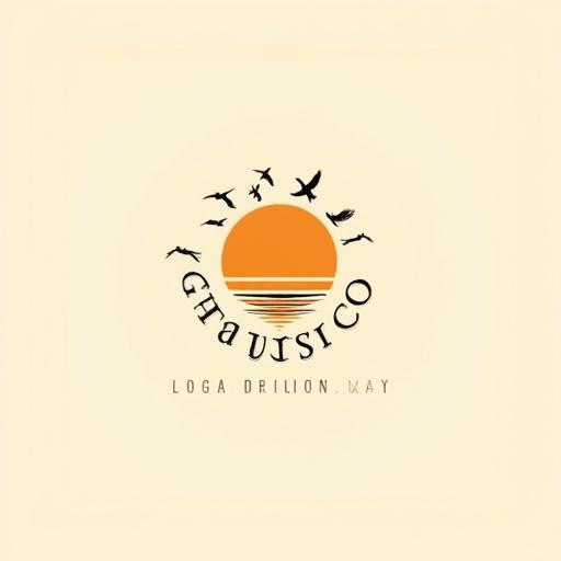 Logo showcases natural elements theme. Center orange circle represents sunrise or sunset. Surface of water reflects the sun. Several birds fly above the circle. Surrounded by elegant black font. Set against soft beige background for a serene atmosphere.