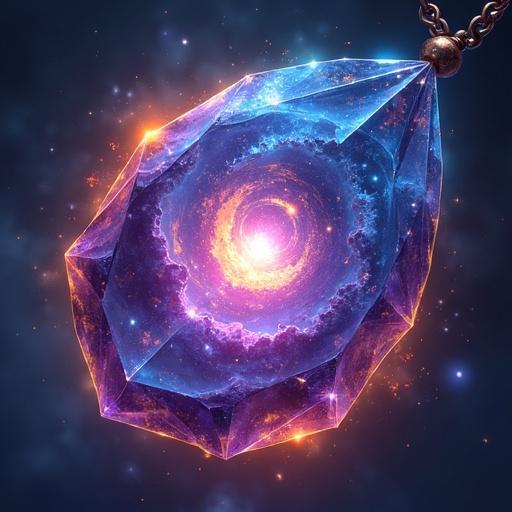 Cosmic Bloom Necklace features swirling vibrant colors within a crystal. Deep blues and purples with fiery oranges are visible. Tiny starlike glints enhance the design. Background is transparent. Suitable for ARPG games as an icon or asset.