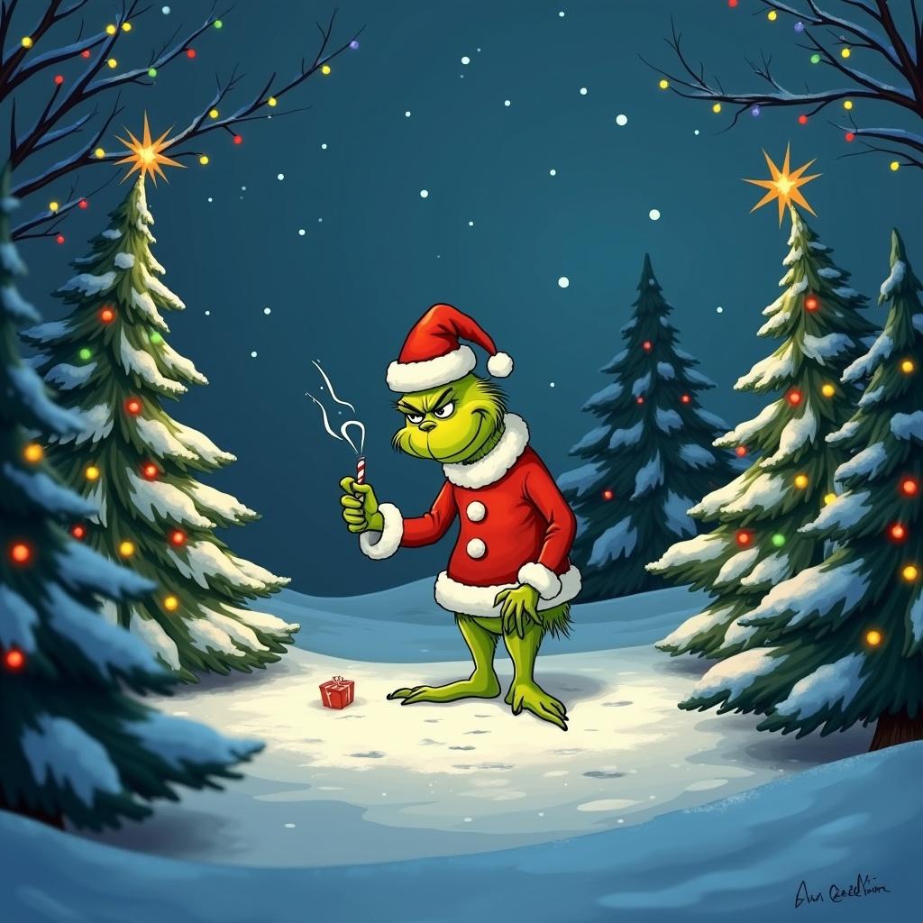 The Grinch stands in a snowy landscape. Christmas trees with colorful lights surround the scene. The Grinch is writing Jack in the snow while holding a tool.