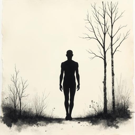 Bald human silhouette in black fill. Slim tall figure walking through forest. Monochrome minimalist sketch. Delicate ink lines on textured paper. Serene mood. Inspired by traditional Asian brushwork.