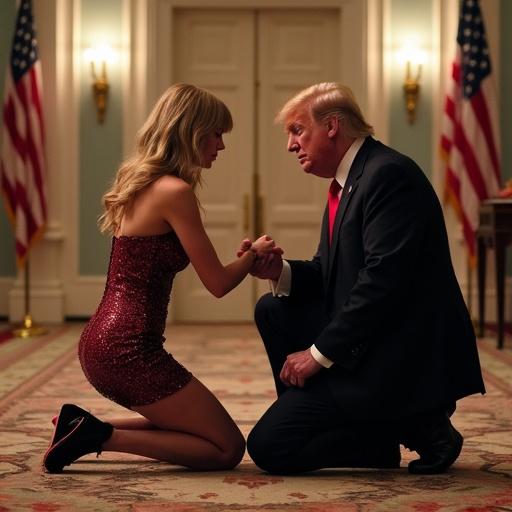 Taylor Swift kneeling before Donald Trump in an elegant setting. Both subjects display interesting expressions. The room is decorated with American flags.