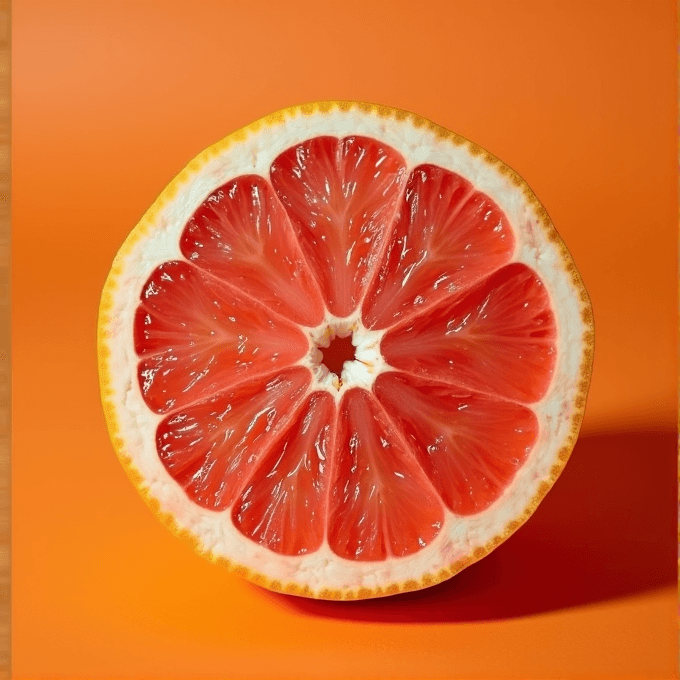 A close-up of a juicy grapefruit half against an orange background.