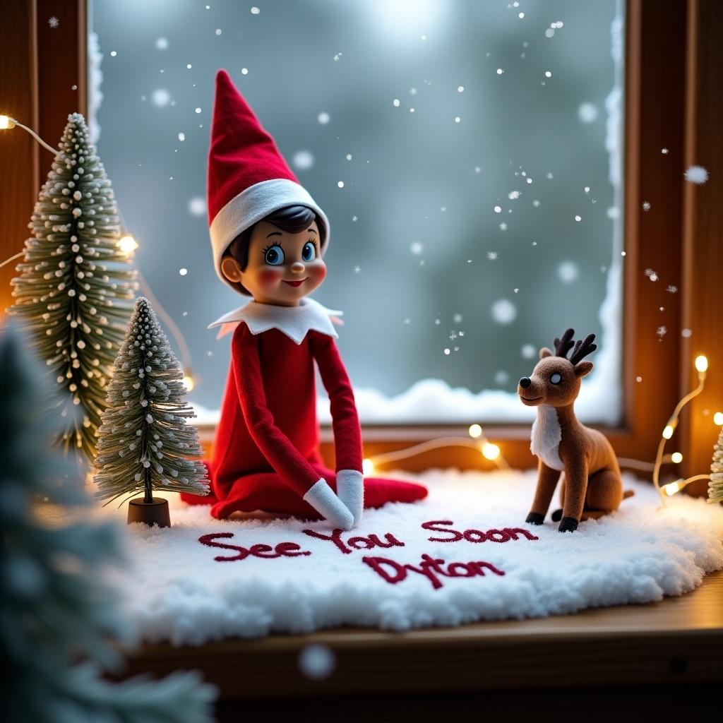 An Elf on the Shelf character is cheerfully writing 'See You Soon Dyton' in the snow. The elf is dressed in a red and white outfit with a matching hat, sitting on a wooden ledge. Small pine trees and a cute reindeer figurine are around the elf. Soft, twinkling lights illuminate the scene. Snowflakes gently fall, creating a winter wonderland feel. The setup evokes excitement and holiday spirit.