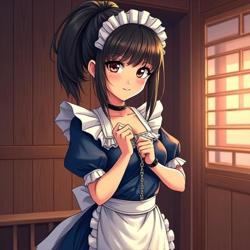 Maid character in anime style standing in a warm wooden room. Dressed in a blue and white maid outfit. Hands chained gently. Expression is cute and inviting. Hair styled in a ponytail.