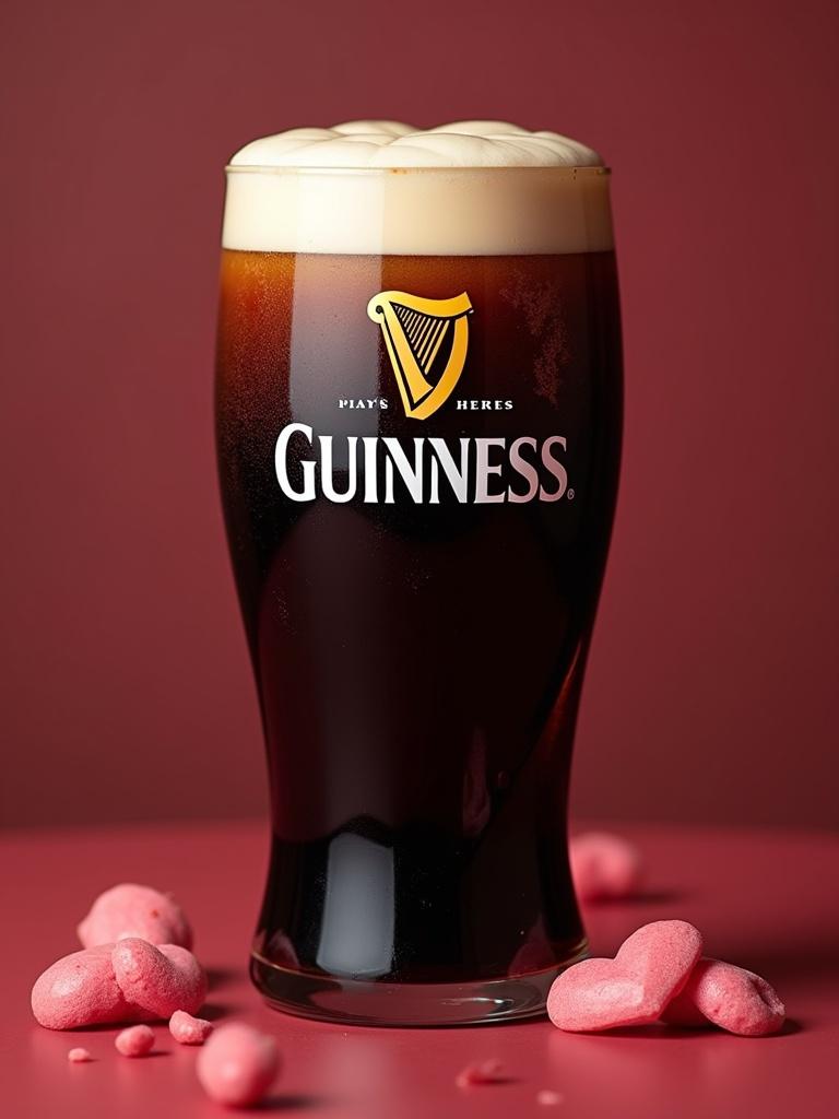 A pint of Guinness with a creamy head. Valentine's theme. Dark beer with pink candies surrounding. Soft warm lighting. Front view of glass.