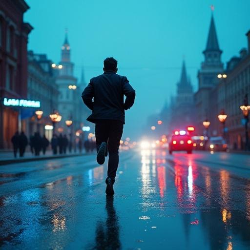 Photorealistic image of a dark-haired man sprinting away through rain-soaked streets of Moscow. Blue neon storefronts create reflections in puddles. Distant Kremlin spires rise against a stormy sky. Breath visible in the cold air. Nearby security camera lights blink red. Blurred police sirens approach through the rain.