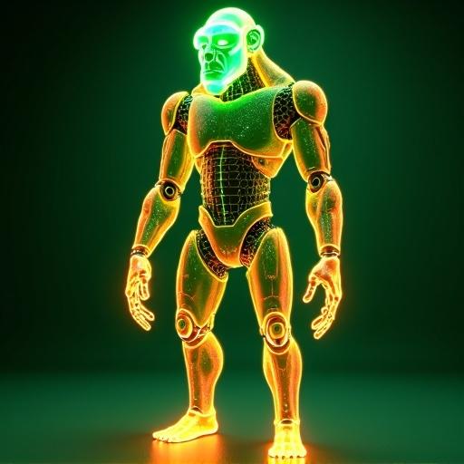 A full-body robot ape with a thick glass texture. It features neon green and orange colors. The design has glowing edges, creating an enhanced visualization. The perspective showcases its stature.