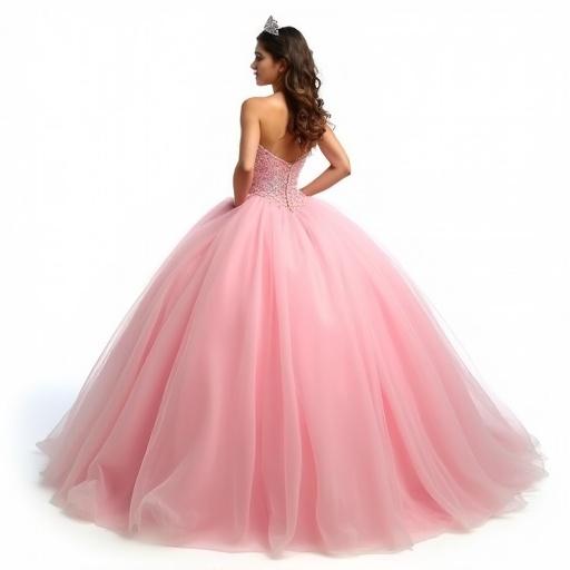 Full body image of a quinceañera dress. Dress is pink and has a dramatic tulle design. Background is white. Dress features a fitted bodice with embellishments.