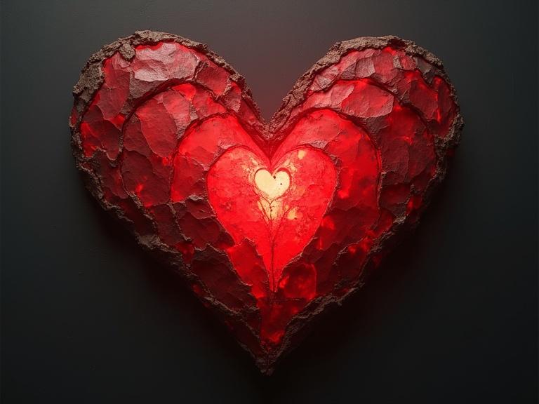 Heart made of textured layers in red tones against a dark background. Central heart shape glows with light, creating an emotional visual representation.