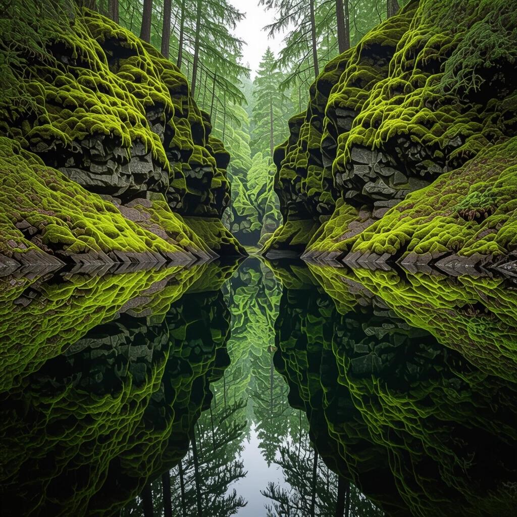 Moss-covered cliffs surround a still lake. The water creates a perfect reflection. Symmetrical design resembles a fractal pattern. Lush greenery dominates the scenery. Ethereal atmosphere in the forest environment.