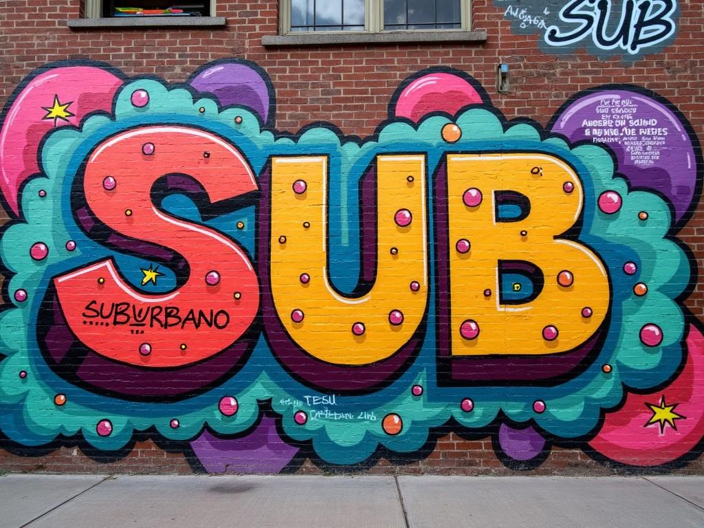 This image features a colorful street mural with the word 'SUB' prominently displayed. It showcases vibrant colors including pink, green, blue, and yellow. The backdrop is a brick wall, enhancing the urban aesthetic. The mural is part of a community art initiative, suggesting local cultural expression. The overall impression is lively and inviting, appealing to art lovers and community members alike.